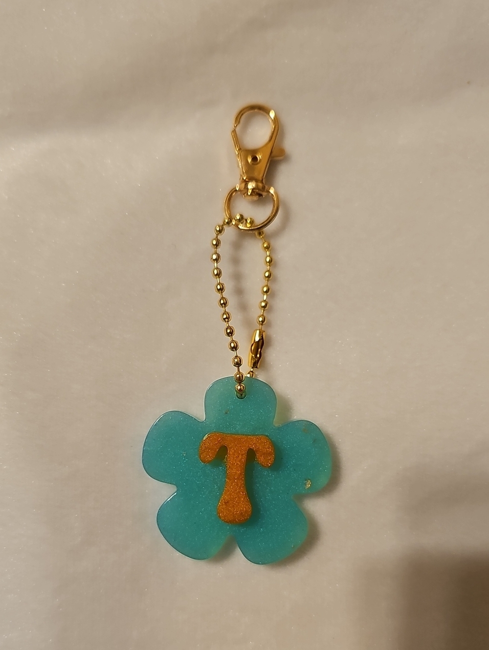Teal and Orange Flower Keychain with 'T' Initial